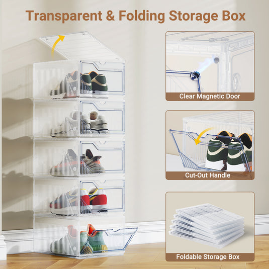 XX-Large Shoe Sneaker Storage Boxes for Size 14, Stackable & Thicken Clear Plastic Shoe Organizers 1/6/8/12/16 Packs for Entryway Closet Under Bed, Shoe Storage Cabinets Container Display Case w/ Magnetic Door