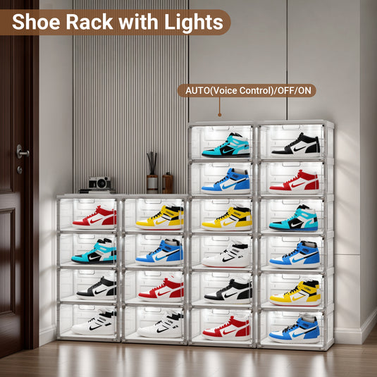 BROVIEW Led Shoe Boxes, Sneaker Shoe Display Case with Voice Control Lights, 2Row 4 Tier White