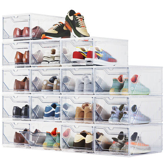 XX-Large Shoe Sneaker Storage Boxes for Size 14, Stackable & Thicken Clear Plastic Shoe Organizers 1/6/8/12/16 Packs for Entryway Closet Under Bed, Shoe Storage Cabinets Container Display Case w/ Magnetic Door