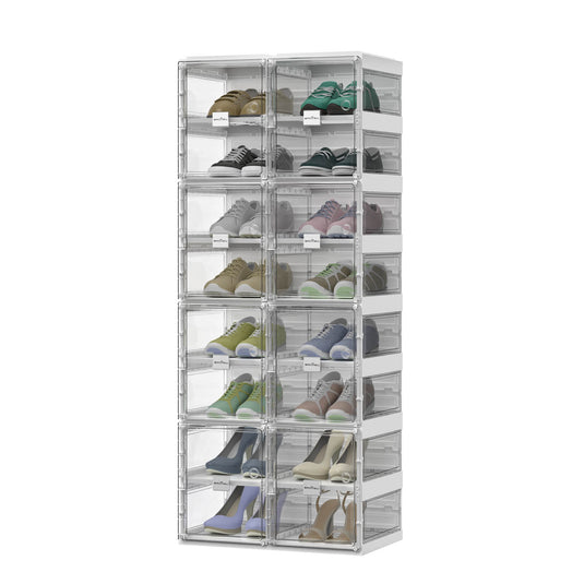 BROVIEW Folding Shoe Racks, Clear Plastic Shoe Storage Organizer Rack White Shoe Box 8 Tier 16 Pairs