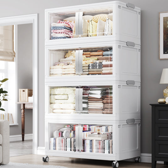 120Gal-200Gal Extra Large Stackable Storage Bins with 3/4/5 Lids, 480Qt-800Qt Collapsible Plastic Storage Box with Clear Doors, Foldable Containers with Drawers, 360° Swivel Wheels V70
