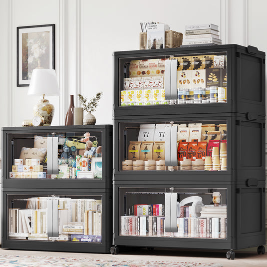 120Gal-200Gal Extra Large Stackable Storage Bins with 3/4/5 Lids, 480Qt-800Qt Collapsible Plastic Storage Box with Clear Doors, Foldable Containers with Drawers, 360° Swivel Wheels V70
