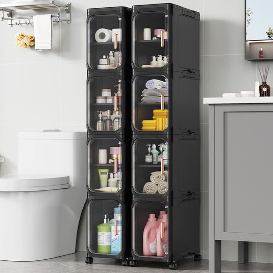 3/4/5-Tier Slim Bathroom Storage Cabinet, Foldable Narrow Bathroom Cabinet Organizer for Small Spaces, Adjustable Fridge & Vanity Gap Storage, Easy Move, White/Black