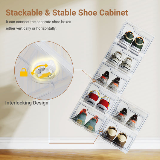 XX-Large Shoe Sneaker Storage Boxes for Size 14, Stackable & Thicken Clear Plastic Shoe Organizers 1/6/8/12/16 Packs for Entryway Closet Under Bed, Shoe Storage Cabinets Container Display Case w/ Magnetic Door