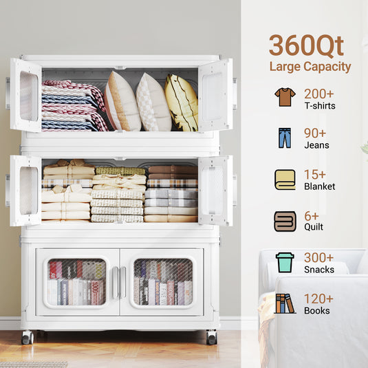 BROVIEW V80 480 Qt Stackable Storage Bin with Lids, 120Gal Collapsible Storage Boxes, Folding Plastic Drawer Cabinet for Home Storage and Organization