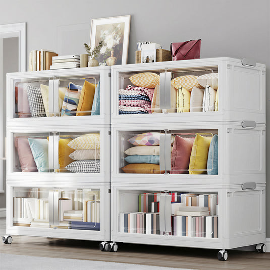 V70 Stackable Storage Bins Extra Large 240Gal-280 Gallon (960Qt-1120 Quart), Plastic Box, Stackable & Foldable, Clear Doors, Magnetic Closure, 360° Wheels