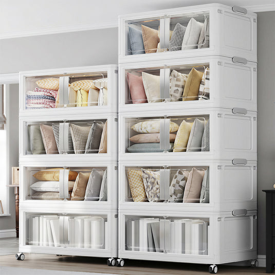 V70 Stackable Storage Bins Extra Large 240Gal-280 Gallon (960Qt-1120 Quart), Plastic Box, Stackable & Foldable, Clear Doors, Magnetic Closure, 360° Wheels