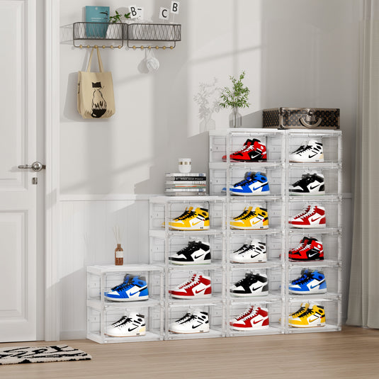 BROVIEW Led Shoe Boxes, Sneaker Shoe Display Case with Voice Control Lights, 2Row 4 Tier White