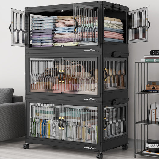 Broview 90Gal/120Gal/150Gal Stackable Storage Bins with 5x Lids, Front and Side Open Doors, Collapsible Closet Organizer and Storage Cabinet, Plastic Folding Box with Wheel Drawer for Home Office