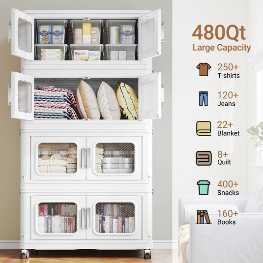 BROVIEW V80 480 Qt Stackable Storage Bin with Lids, 120Gal Collapsible Storage Boxes, Folding Plastic Drawer Cabinet for Home Storage and Organization