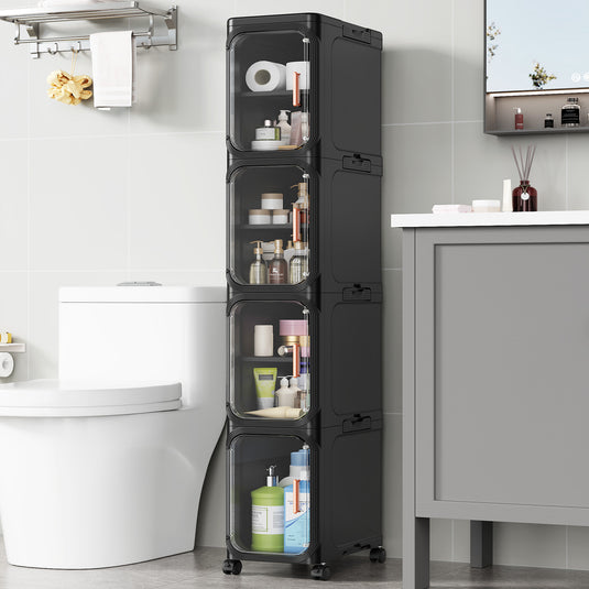 3/4/5-Tier Slim Bathroom Storage Cabinet, Foldable Narrow Bathroom Cabinet Organizer for Small Spaces, Adjustable Fridge & Vanity Gap Storage, Easy Move, White/Black