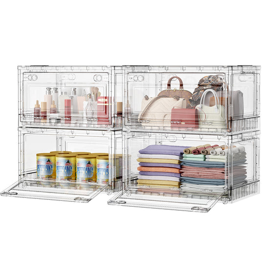 BROVIEW Full Clear Storage Bins Large 240Qt/320Qt/400Qt, Shiny Plastic Display Box, for Home Crafts Makeup, Stackable & Foldable, Individual Lids & Wheels