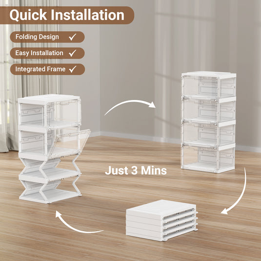 BROVIEW Led Shoe Boxes, Sneaker Shoe Display Case with Voice Control Lights, 2Row 4 Tier White