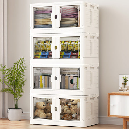BROVIEW 460 QT Stackable Collapsible Storage Bins with Individual Lids, Wheels & Doors, Large Plastic Latching Boxes Closet Organizers and Storage Cabinet Shelves, for Home, Office, 4-Pack, White