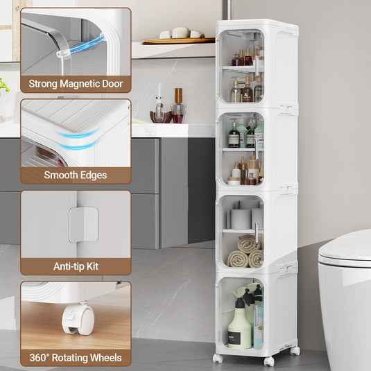 3/4/5-Tier Slim Bathroom Storage Cabinet, Foldable Narrow Bathroom Cabinet Organizer for Small Spaces, Adjustable Fridge & Vanity Gap Storage, Easy Move, White/Black