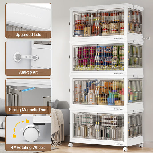 Broview 90Gal/120Gal/150Gal Stackable Storage Bins with 5x Lids, Front and Side Open Doors, Collapsible Closet Organizer and Storage Cabinet, Plastic Folding Box with Wheel Drawer for Home Office