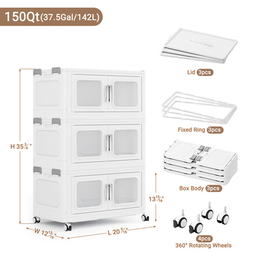 BROVIEW V80 480 Qt Stackable Storage Bin with Lids, 120Gal Collapsible Storage Boxes, Folding Plastic Drawer Cabinet for Home Storage and Organization