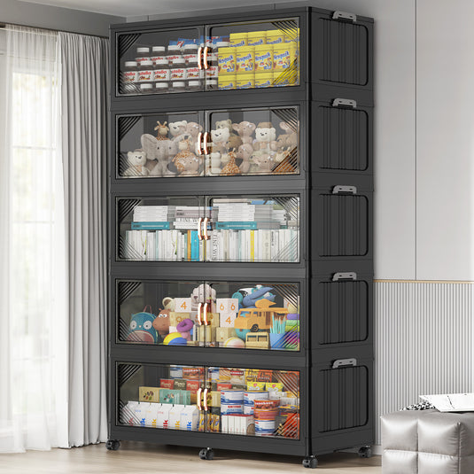 Broview 175Gal Plastic Stackable Storage Bins with Lid, 700QT Extra Large Containers With Drawers, Folding Closets with 4x Wheels, Collapsible Cabinets Organizers for Home Office