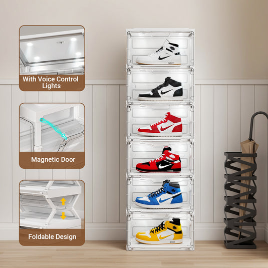BROVIEW Led Shoe Boxes, Sneaker Shoe Display Case with Voice Control Lights, 2 Row 6 Tier White