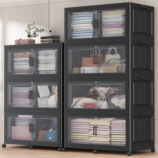 Broview 300Gal Extra Large Stackable Storage Bins with 2 Lids and 12 Wheels, 6Pack Plastic Bins with 6 Dividers, Closet Organizers and Storage Cabinet Shelves Collapsible Box for Home Office, Black