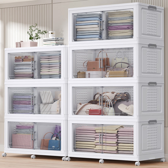 Broview 300Gal/350Gal/400Gal Extra Large Stackable Storage Bins with 2 Lids & Wheels, 6/7/8Pack Plastic Collapsible Box with Dividers, Closet Organizers Cabinet, White