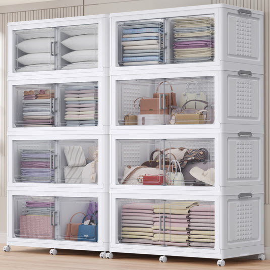 Broview 300Gal/350Gal/400Gal Extra Large Stackable Storage Bins with 2 Lids & Wheels, 6/7/8Pack Plastic Collapsible Box with Dividers, Closet Organizers Cabinet, White