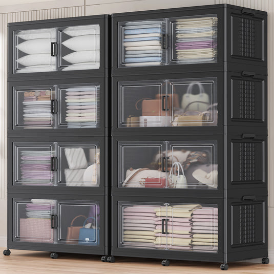 Broview 300Gal Extra Large Stackable Storage Bins with 2 Lids and 12 Wheels, 6Pack Plastic Bins with 6 Dividers, Closet Organizers and Storage Cabinet Shelves Collapsible Box for Home Office, Black