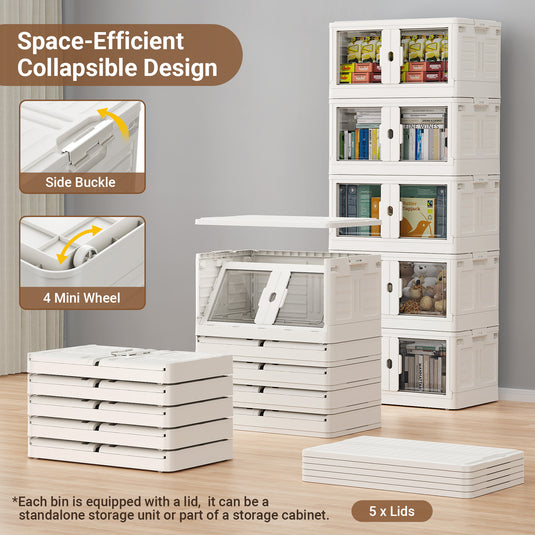 BROVIEW 460 QT Stackable Collapsible Storage Bins with Individual Lids, Wheels & Doors, Large Plastic Latching Boxes Closet Organizers and Storage Cabinet Shelves, for Home, Office, 4-Pack, White