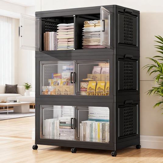 Broview 327QT/600QT/800QT Stackable Storage Bins with Lid, Wheels & Dividers, Extra Large Collapsible Plastic Closet Organizers Storage Cabinet Box
