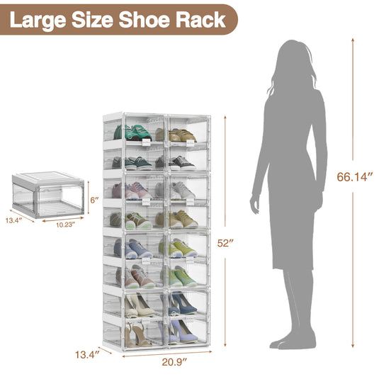 BROVIEW Folding Shoe Racks, Clear Plastic Shoe Storage Organizer Rack White Shoe Box 8 Tier 16 Pairs