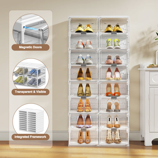 8-Tier Foldable Shoe Racks, Large Capacity Shoe Storage Boxes with Magnetic Doors, Hard Plastic Shoe Container Cabinet, White +Clear