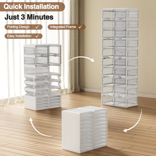 8-Tier Foldable Shoe Racks, Large Capacity Shoe Storage Boxes with Magnetic Doors, Hard Plastic Shoe Container Cabinet, White +Clear