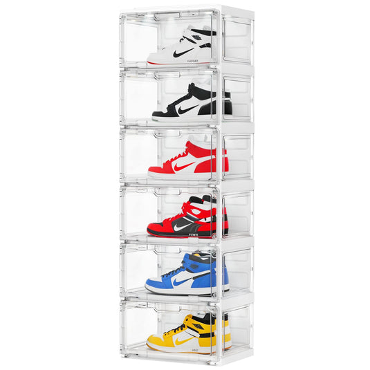 BROVIEW Led Shoe Boxes, Sneaker Shoe Display Case with Voice Control Lights, 1 Row 6 Tier White