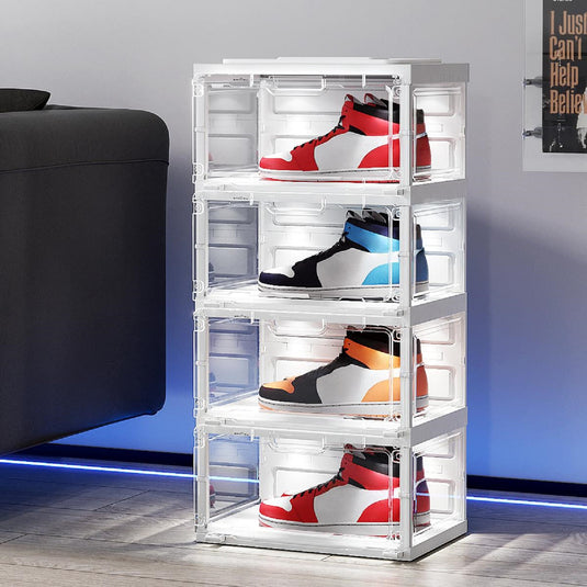 BROVIEW Led Shoe Boxes, Sneaker Shoe Display Case with Voice Control Lights, 1 Row 6 Tier White