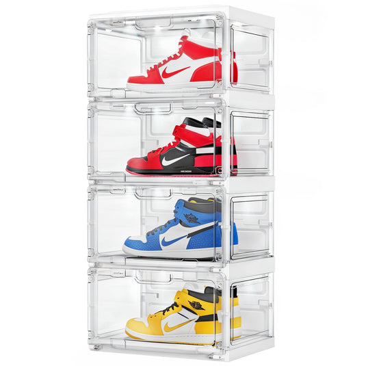 BROVIEW Led Shoe Boxes, Sneaker Shoe Display Case with Voice Control Lights, 1 Row 4 Tier White