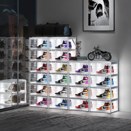 BROVIEW Led Shoe Boxes, Sneaker Shoe Display Case with Voice Control Lights, 2Row 4 Tier White