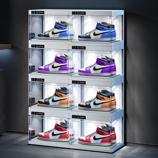 BROVIEW Smart Shoe Display Box with Led Lights Auto-Opening Shoe Organizer Sneaker Case, 8 Pack