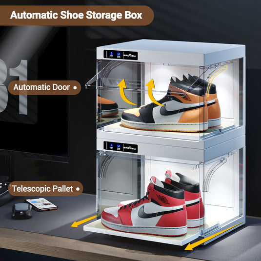 BROVIEW Smart Shoe Display Box with Led Lights Auto-Opening Shoe Organizer Sneaker Case, 2 Pack