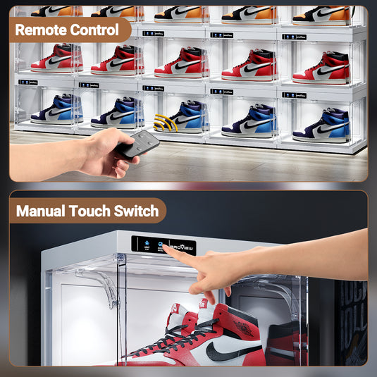 BROVIEW Smart Shoe Display Box with Led Lights Auto-Opening Shoe Organizer Sneaker Case, 2 Pack