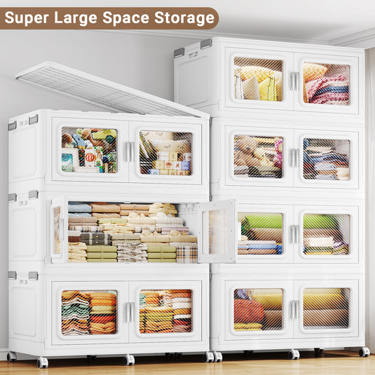 White storage units with transparent doors displaying stored items in a room.