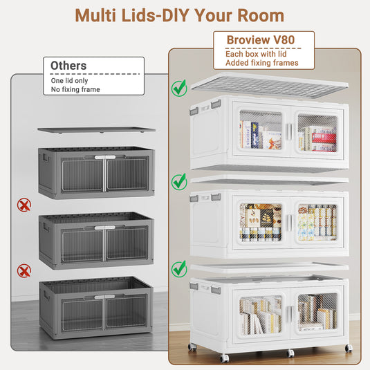 BROVIEW V80 480 Qt Stackable Storage Bin with Lids, 120Gal Collapsible Storage Boxes, Folding Plastic Drawer Cabinet for Home Storage and Organization