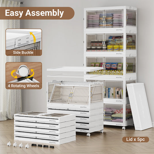 Broview 90Gal/120Gal/150Gal Stackable Storage Bins with 5x Lids, Front and Side Open Doors, Collapsible Closet Organizer and Storage Cabinet, Plastic Folding Box with Wheel Drawer for Home Office