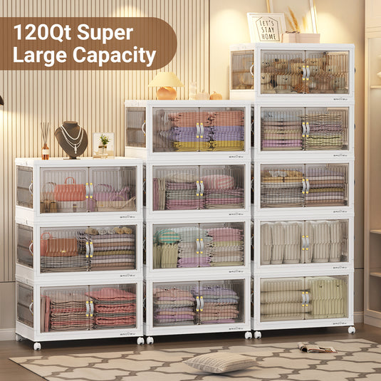 Broview 90Gal/120Gal/150Gal Stackable Storage Bins with 5x Lids, Front and Side Open Doors, Collapsible Closet Organizer and Storage Cabinet, Plastic Folding Box with Wheel Drawer for Home Office