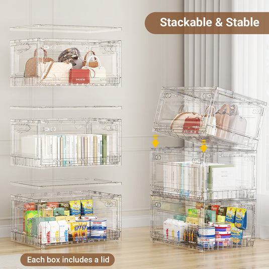 BROVIEW Full Clear Storage Bins Large 240Qt/320Qt/400Qt, Shiny Plastic Display Box, for Home Crafts Makeup, Stackable & Foldable, Individual Lids & Wheels