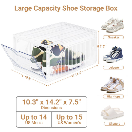XX-Large Shoe Sneaker Storage Boxes for Size 14, Stackable & Thicken Clear Plastic Shoe Organizers 1/6/8/12/16 Packs for Entryway Closet Under Bed, Shoe Storage Cabinets Container Display Case w/ Magnetic Door