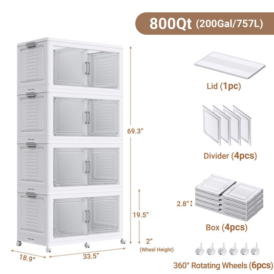 Broview 327QT/600QT/800QT Stackable Storage Bins with Lid, Wheels & Dividers, Extra Large Collapsible Plastic Closet Organizers Storage Cabinet Box