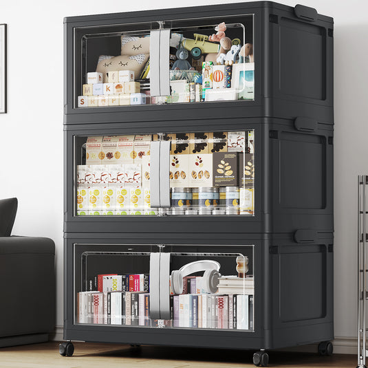 V70 Stackable Storage Bins Extra Large 120-200 Gallon (480-800 Quart), Plastic Box, Stackable & Foldable, Clear Doors, Magnetic Closure, 360° Wheels, White/Black