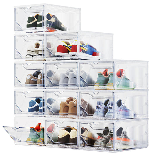 XX-Large Shoe Sneaker Storage Boxes for Size 14, Stackable & Thicken Clear Plastic Shoe Organizers 1/6/8/12/16 Packs for Entryway Closet Under Bed, Shoe Storage Cabinets Container Display Case w/ Magnetic Door