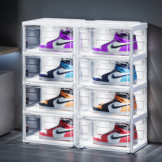 BROVIEW Led Shoe Boxes, Sneaker Shoe Display Case with Voice Control Lights, 2Row 4 Tier White