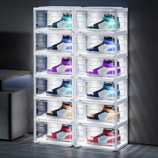 BROVIEW Led Shoe Boxes, Sneaker Shoe Display Case with Voice Control Lights, 1 Row 6 Tier White